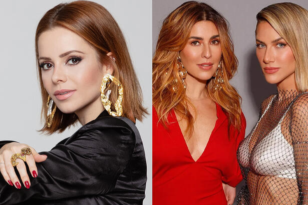 Imagem 1: Sandy, de camisa preta, cabelo curto, brinco dourado, sentada com semblante sério durante ensaio fotográfico; Imagem 2: Fernanda Paes Leme de vestido vermelho, cabelo solto ao lado de Giovanna Ewbank, de top e camisa transparente, cabelo liso, com semblante sério, durante ensaio fotográfico