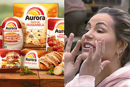 Arte publicitária da Aurora Alimentos; Imagem 2: Deolane Bezerra com as mãos na boca, gesticulando com raiva em A Fazenda