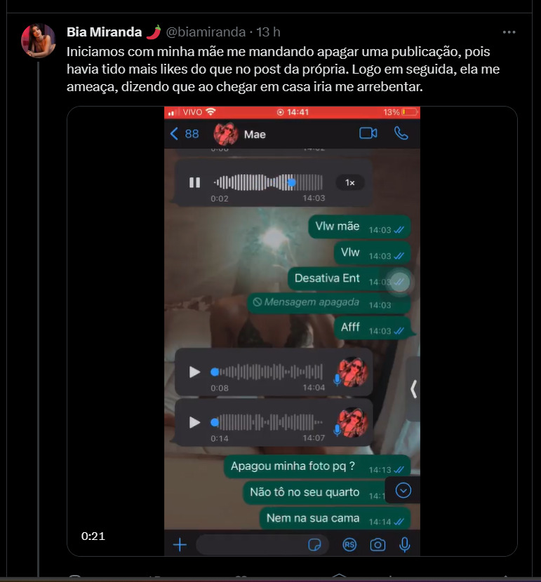 Print de mensagens de conversas por áudio de Jenny Miranda com Bia Miranda no WhatsApp