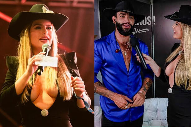 Fernanda Keulla de cabelo solto, chapéu de cowboy, vestido preto decotado, segurando um microfone; Imagem 2: Gusttavo Lima entrevistado por Fernanda Keulla