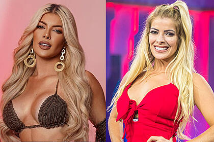 Jaquelline Grohalski maquiada, de biquini; Imagem 3: Jaquelline Grohalski de vestido roxo, florido, cabelo preto, em pé, com semblante sério durante discussão no BBB