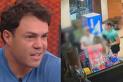 Kléber gladiador de perfil, sentaod, de camisa azul; imagem 2: captura de câmera do posto de gasolina com kléber gladiador brigando com uma mulher
