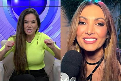 Montagem com isabele benito de blusa verde levantando a mão e patrícia poeta conversa com o fofocalizando falando no microfone do sbt