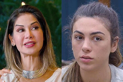 Montagem com duas fotos. Na primeira, Maíra Cardi levanta a sobrancelha para conversar com Celso Portiolli no Domingo Legal. Na segunda imagem, Pétala Barreiros está na cozinha de A Fazenda com semblante triste