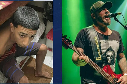 Montagem: Primeira foto com o suspeito sendo preso. Na segunda, Mingau toca um baixo