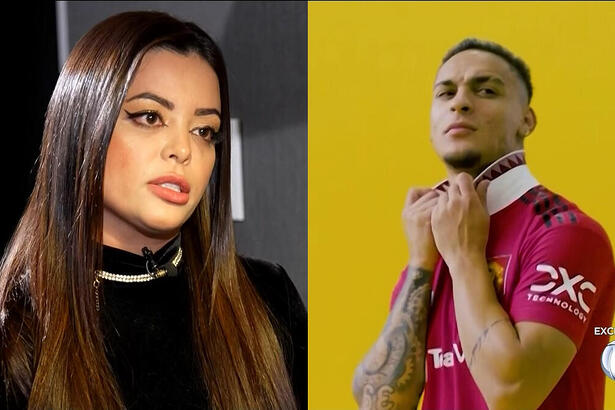 Montagem com duas imagens. Na primeira, Ingrid Lana encara Roberto Cabrini em entrevista a Record. Na segunda imagem, Antony posa para foto oficial do Manchester United