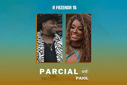 Cezar Black e Lumena Aleluia na arte da enquete de parcial do Paiol em A Fazenda 15