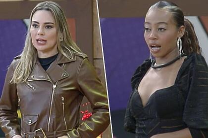Rachel de roupa marrom de frente para Lily que está com uma roupa preta.