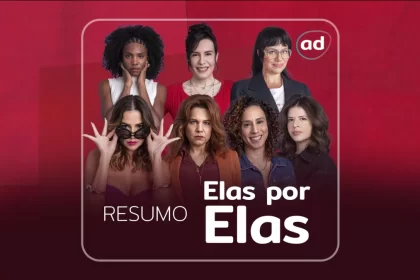 Lara, Taís, Helena, Adriana, Renée, Natália e Carol na arte de divulgação do resumo de Elas por Elas. Apenas Lara, Taís e Helena não estão sorrindo