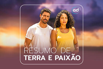 Cauã Reymond e Barbara Reis na arte de divulgação do resumo semanal da novela Terra e Paixão, da TV Globo