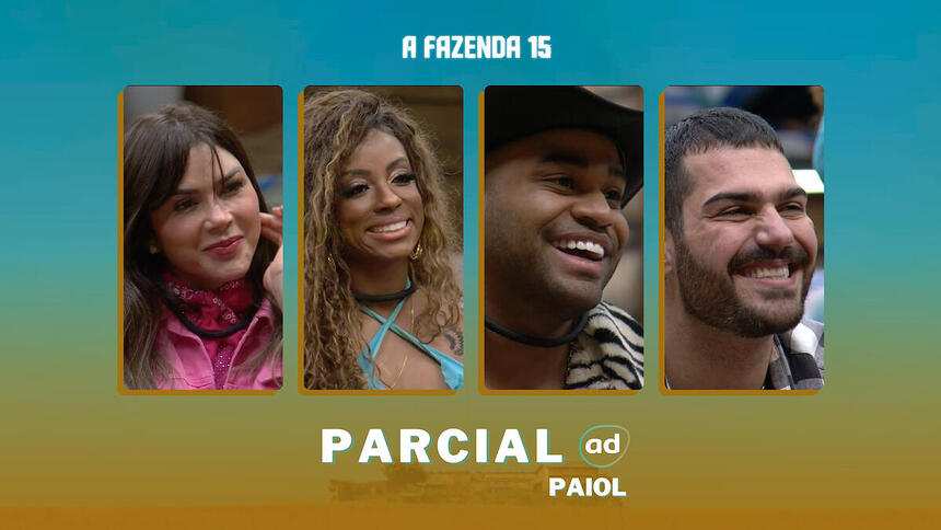 Cezar Black, Nadja Pessoa, Shay e Lumena Aleluia na arte da enquete de parcial do Paiol em A Fazenda 15