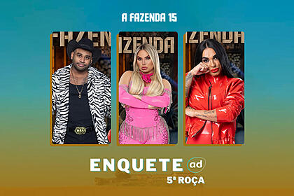 Cezar Black, Kally Fonseca e Kamila Simioni na arte de divulgação da enquete da 5ª Roça de A Fazenda 15