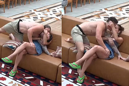 Lucas e Jaquelline se beijando no sofá de a fazenda
