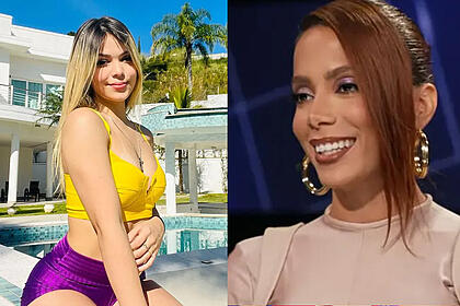 MC Melody loira, de cabelo liso, usando short curto roxo e top amarelo na piscina da sua casa