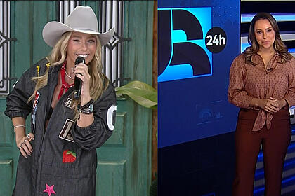 Adriane Galisteu apresentando A Fazenda 15 divide tela com Salcy Lima no JR 24h