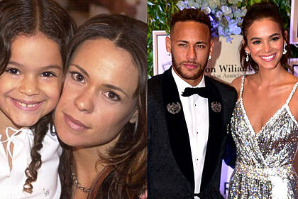 Vanessa Gerbelli abraçda com Bruna Marquezine durante as gravações de Mulheres Apaixonadas; Imagem 2: Bruna Marquezine de vestido brilhoso, sorrindo, abraçada com Neymar durante premiação