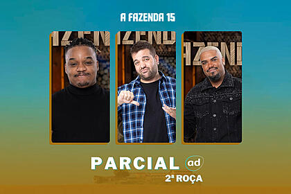 Larnajinha, Tonzão e Sander na arte da enquete de parcial da 2ª roça em A Fazenda 15