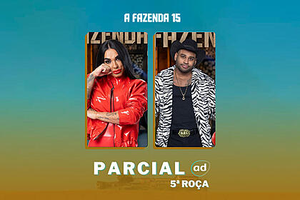 Simioni e Black na arte da enquete de parcial da 5ª roça em A Fazenda 15