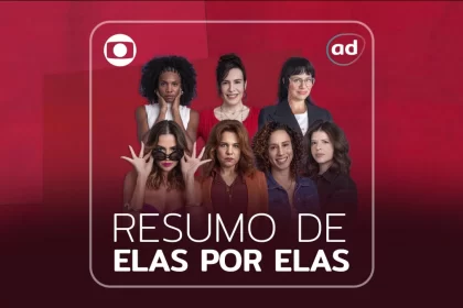 Lara, Taís, Helena, Adriana, Renée, Natália e Carol na arte de divulgação do resumo de Elas por Elas. Apenas Lara, Taís e Helena não estão sorrindo