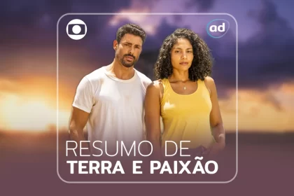 Cauã Reymond e Barbara Reis na arte de divulgação do resumo semanal da novela Terra e Paixão, da TV Globo