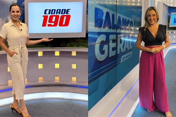 Montagem com duas imagens. Na primeira, Luciana Ribeiro está no cenário do Cidade 190. Na segunda, Katiúzia Rios está no cenário do Balanço Geral CE - Manhã, da TV Cidade Fortaleza