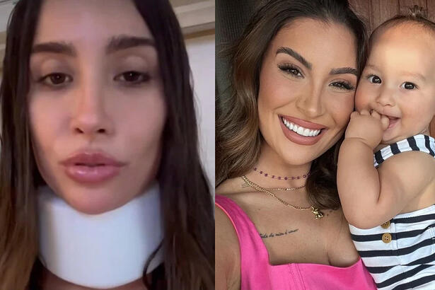 Boa Rosa com colar cervical, deitada numa maca, se gravando enquanto fala; Imagem 2: Bianca Andrade sorrindo, de camisa regata rosa, abraçada com o filho, Crhis, nos braços
