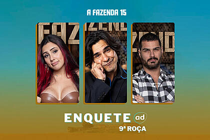 Alicia X, André Gonçalves e Shay na arte de da enquete da 9ª Roça de A Fazenda 15