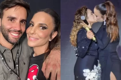 Ivete Sangalo de camisa preta e icon do Mickey, sorrindo, de cabelo presa, abraça do o marido; Imagem 2: Ivete beijando Daniela Mercury