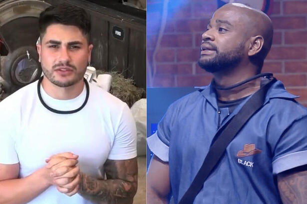 Lucas desistindo de A Fazenda e Black na Prova do Fazendeiro, em uma montagem