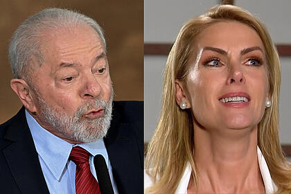 Lula com palitó preto e gravata vermelha, em frente a um microfone, fazendo bico enquanto gesticula no pulpito; Ana Hickman chorando durante entrevista a Record