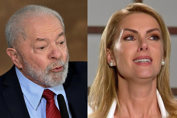 Lula com palitó preto e gravata vermelha, em frente a um microfone, fazendo bico enquanto gesticula no pulpito; Ana Hickman chorando durante entrevista a Record
