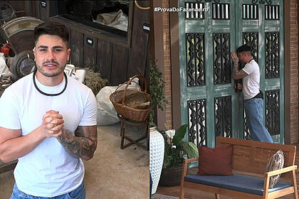Montagem com Lucas Souza chorando e batendo o sino de A Fazenda. Na sequência, ele bate na porta e se despede de Jaquelline