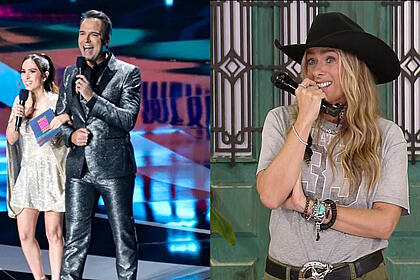 Montagem com Tatá e Tadeu apresentando o Prêmio Multishow. Na segunda imagem, Adriane Galisteu apresentando A Fazenda 15