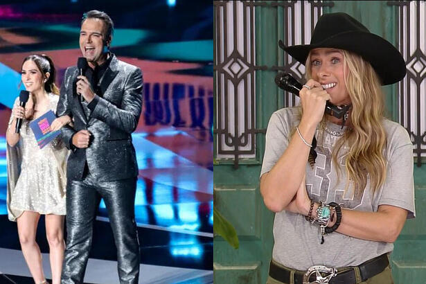 Montagem com Tatá e Tadeu apresentando o Prêmio Multishow. Na segunda imagem, Adriane Galisteu apresentando A Fazenda 15