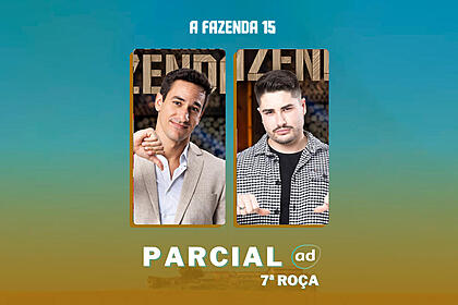 Henrique e Lucas na arte da enquete de parcial da 7ª roça em A Fazenda 15