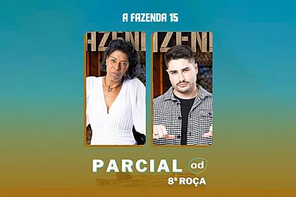 Marcia Fu e Lucas na arte da enquete de parcial da 8ª roça em A Fazenda 15