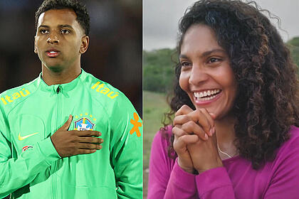 Atacante Rodrygo e atriz Barbara Reis, em Terra e Paixão, em uma montagem