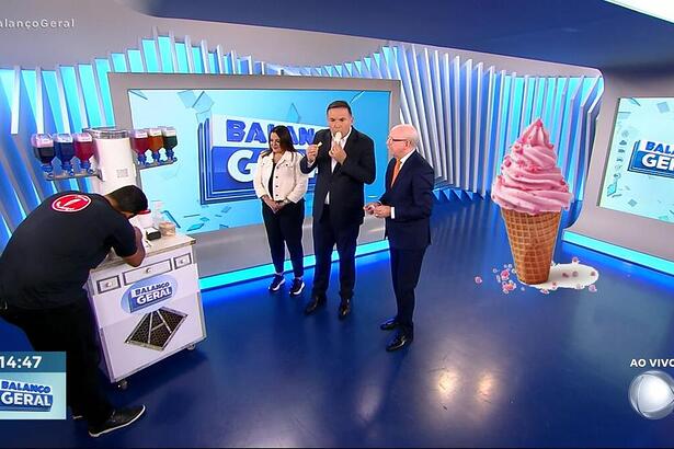 Telespectador tira sorvete na máquina para os apresentadores do Balanço Geral