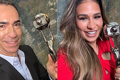 Cesar Tralli e Simone Mendes com o troféu do Melhores do Ano
