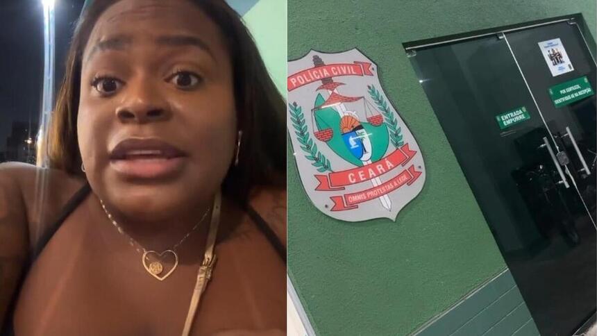 Jojo denunciando racismo em montagem com a fachada de uma delegacia