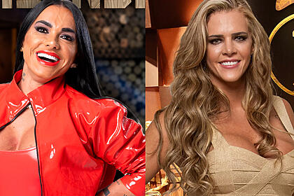 Kamilla Simioni de camisa vermelha, batom vermelho, sorrindo durante ensaio fotográfico para A Fazenda 15, da Record TV; Imagem 2: Danise Rocha sorrindo, de cabelo loiro, cacheado, de camisa bege sorrindo durante ensaio fotográfico para A Fazenda