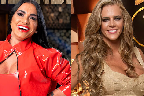 Kamilla Simioni de camisa vermelha, batom vermelho, sorrindo durante ensaio fotográfico para A Fazenda 15, da Record TV; Imagem 2: Danise Rocha sorrindo, de cabelo loiro, cacheado, de camisa bege sorrindo durante ensaio fotográfico para A Fazenda