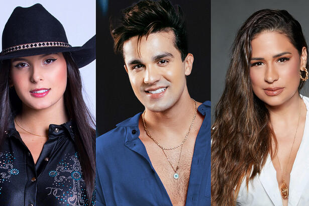 Ana Castela de jaqueta de couro e chapéu de cowbou; Luan Santana de camisa social azul, sorrindo, durante ensaio fotográfico; Simone Mendes de cabelo solto, umido, sorrindo, durante ensaio fotográfico