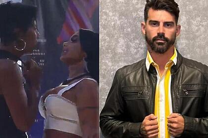 Marcia Fu e Simioni conversando na festa, em montagem com uma foto de Radamés