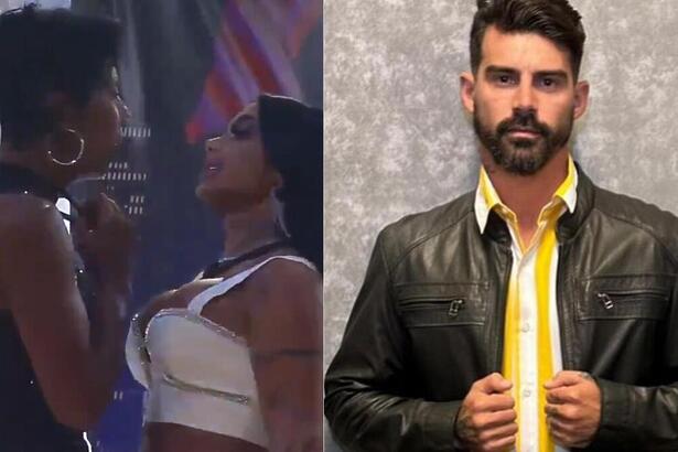 Marcia Fu e Simioni conversando na festa, em montagem com uma foto de Radamés
