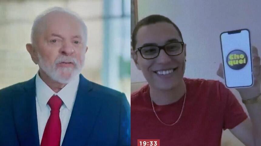 Montagem com Lula e Raphael Souza, dono da Choquei, segurando o celular