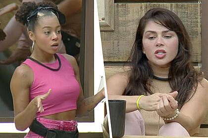 Lily Nobre discute com Nadja Pessoa balançando os braços em A Fazenda 15