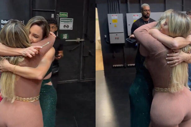 Rachel Sheherazade abraça Kally na porta do estúdio da Record