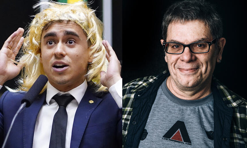 Nikolas Ferreira de peruca loira, de paleto e gravata durante passagem pelo senado; Vocalista do Ultraje a Rigor de oculos, camisa quadriculada, sorrindo durante ensaio fotográfico