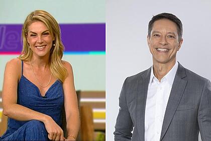 Ana Hickmann sorrindo no cenário do Hoje em Dia e Sergio Aguiar sorrindo em foto de divulgação do Domingo Espetacular